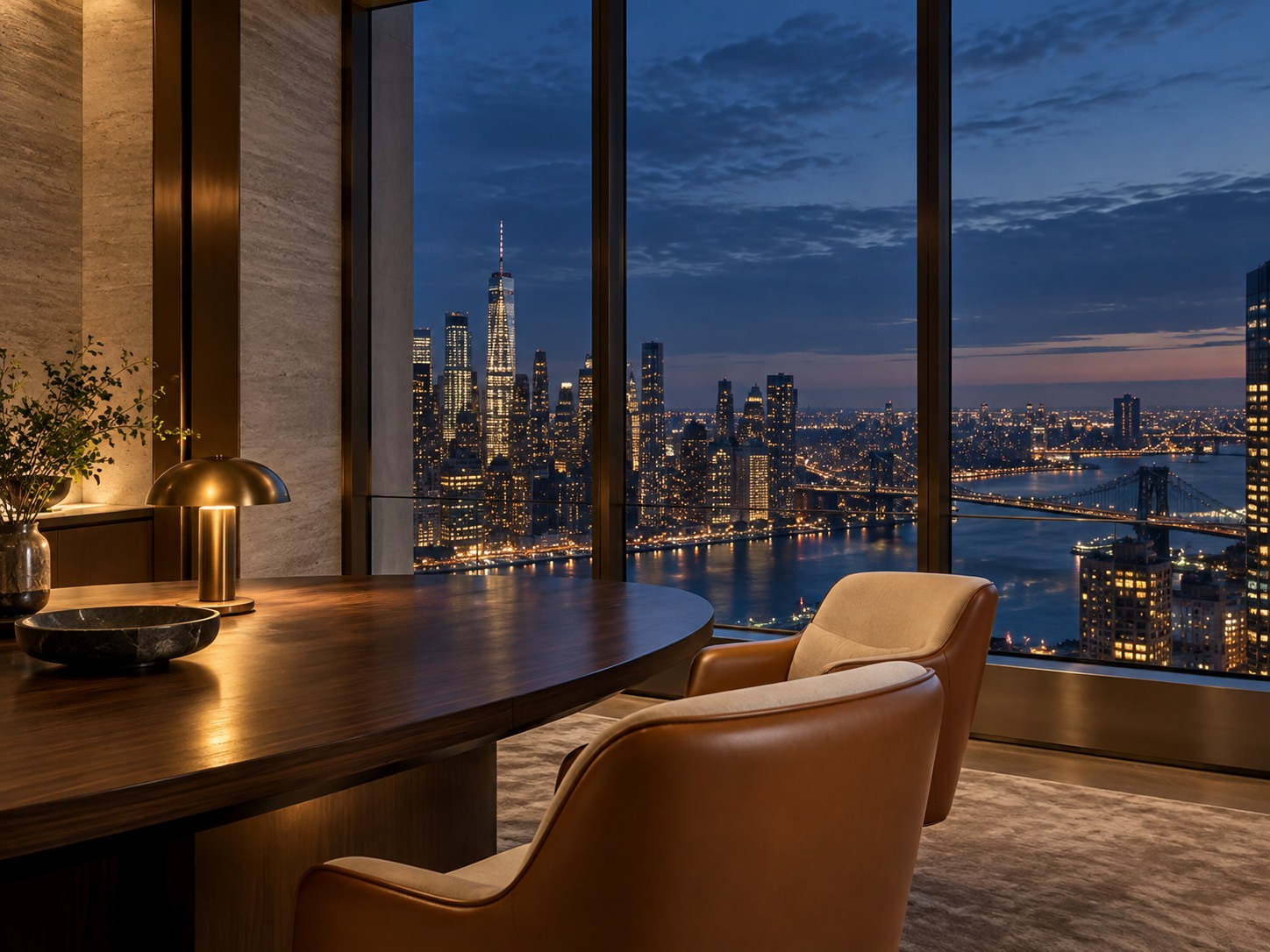 An elegant private meeting lounge overlooking the New York skyline at twilight
